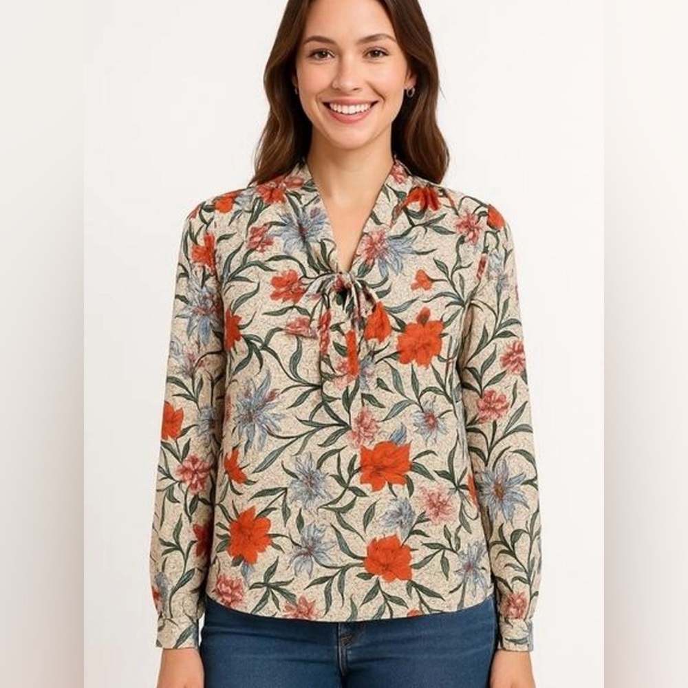 Harlyn Floral Tie-Neck Long Sleeve‎ Blouse Medium Lightweight Elegant Feminine